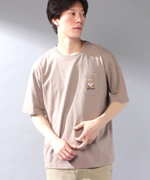 STYLEBLOCK(スタイルブロック)/テディベア刺繍ポケット付き半袖Tシャツカットソー/ベージュ