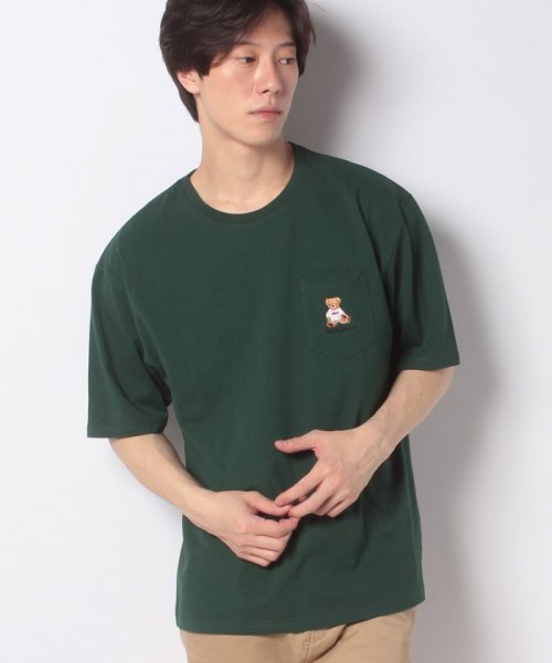 STYLEBLOCK(スタイルブロック)/テディベア刺繍ポケット付き半袖Tシャツカットソー/グリーン