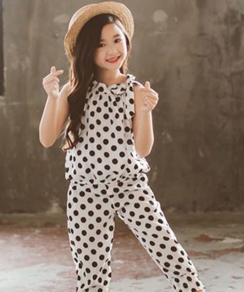 セール 子供服 女の子 セットアップ ドット柄 半袖 おしゃれ 袖なし 夏 キャミソール シフォン上下セット ベビー服 キッズ 洋服 ミニミニストア Miniministore Magaseek