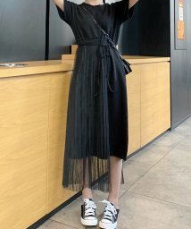 ミニミニストア Miniministore チュール付ワンピース 春夏 レディース Tシャツワンピース ひざ丈 ウエスト絞りワンピース 黒 無地 カジュアルワンピ 半袖 Magaseek