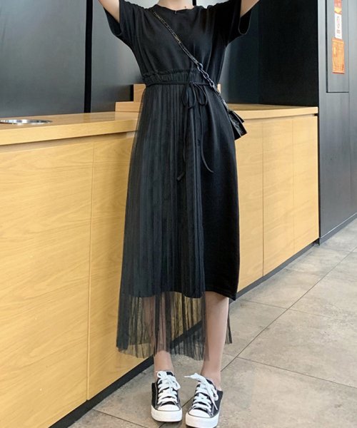 ミニミニストア Miniministore チュール付ワンピース 春夏 レディース Tシャツワンピース ひざ丈 ウエスト絞りワンピース 黒 無地 カジュアルワンピ 半袖 Magaseek