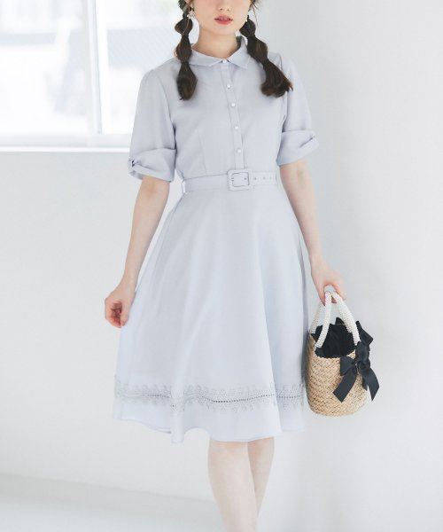 tocco closet(トッコクローゼット)/ベルト付きレース装飾シャツワンピース/ICEBLUE