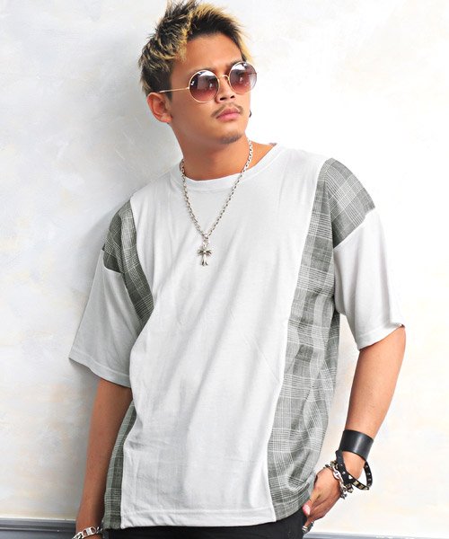 無地 チェック切り替えtシャツ Tシャツ メンズ 半袖 ビッグシルエット チェック 切替 ラグスタイル Luxstyle Magaseek