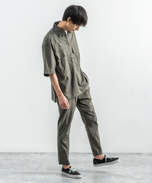 セットアップ メンズ 夏 上下 半袖 ワークシャツ アンクルパンツ テーパード 綿麻 コットンリネン 2点セット カジュアル ビッグシルエット 無地 ストリート ロッキーモンロー Rocky Monroe Magaseek