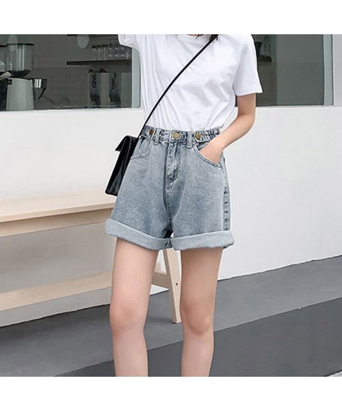 セール デニム ショートパンツ レディース ハイウエスト ショートワイドパンツ 春夏秋 ホットパンツ ゆったり 短パン 裾ロールアップ ミニミニストア Miniministore Magaseek
