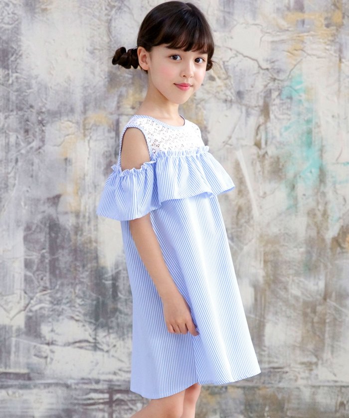 市場 オフショルダー 肩だし 子供服 ワンピース一 半袖 ストライプ ワンピース マキシワンピース ロング フリル