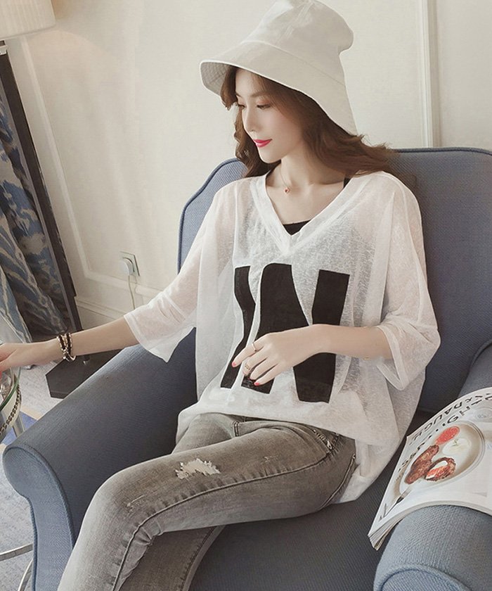 セール シアー Tシャツ キャミソール 2点セット トップス レディース プルオーバー Vネック 透け感 夏服 五分袖 透かし ミニミニストア Miniministore Magaseek