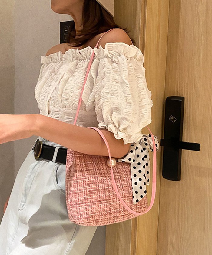 セール 編みトートバッグ ミニ かごバッグ レディース 肩掛け 軽量 サマーバッグ スカーフ付き 一粒パール 可愛い ミニミニストア Miniministore Magaseek