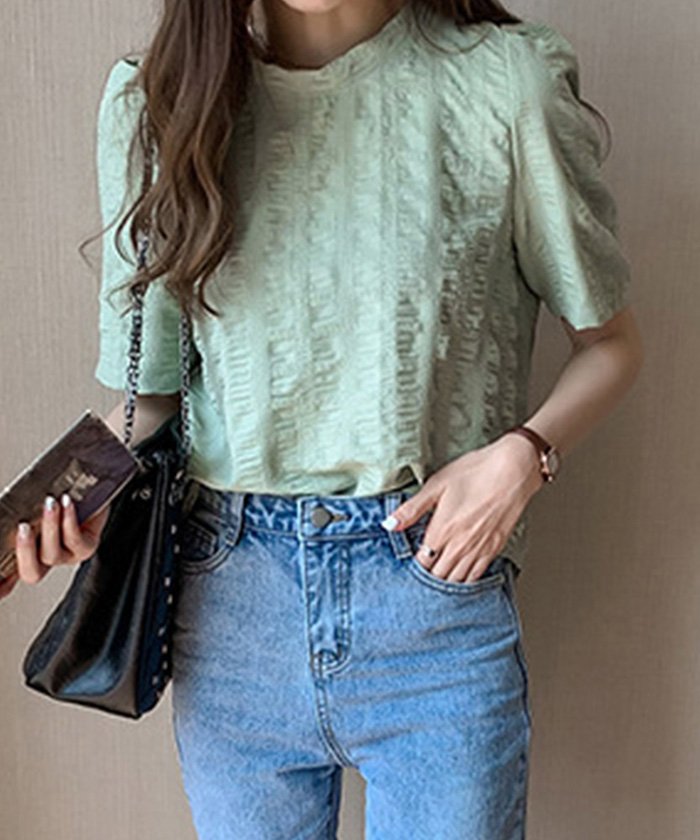 注目の商品 マガシーク ミニミニストア 無地 半袖ブラウス レディース シワ加工 ラウンドネック シャツブラウス おしゃれ プルオーバー 春夏 トップス 着やせ レディース ミント L Miniministore かいこみ