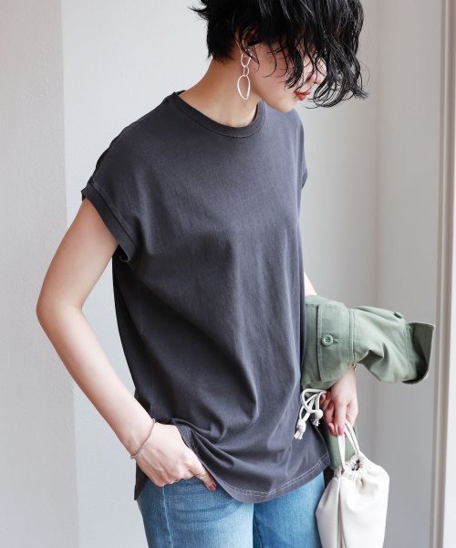 セール ピグメント加工フレンチスリーブ裾ラウンドtシャツ チュニック アンドミー And Me Magaseek
