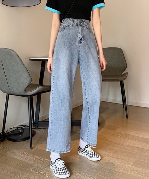 セール ストレート デニムパンツ レディース サックス ロングパンツ ハイウエスト ボトムス 着やせ ジーンズ カジュアル 503378765 ミニミニストア Miniministore Magaseek
