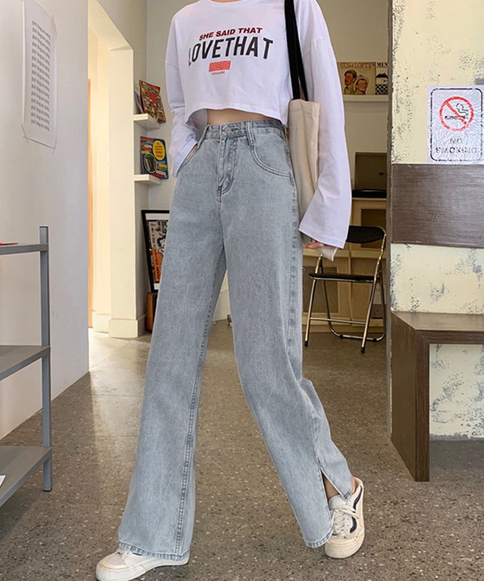 セール デニムパンツ レディース ワイドパンツ サイドスリット ストレートパンツ ハイウエスト ボトムス 着やせ ゆったり ジーンズ ミニミニストア Miniministore Magaseek