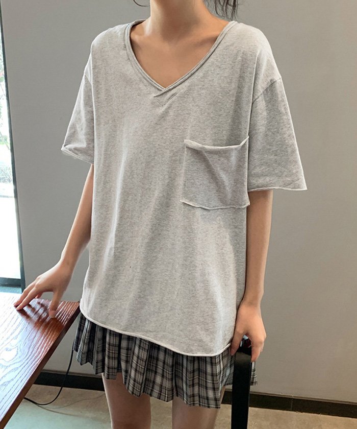 セール サイドスリット カットソー レディース 切りっぱなし 半袖 Tシャツ Vネック トップス 着やせ チュニック 春夏 体型カバー ミニミニストア Miniministore Magaseek