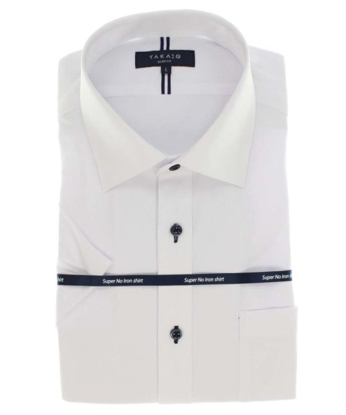 TAKA-Q(タカキュー)/ノーアイロンストレッチ スリムフィットワイドカラー半袖ニットシャツ/ホワイト