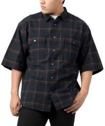 MARUKAWA(大きいサイズのマルカワ)/大きいサイズ 麻混 チェック ストレッチ リネン 半袖 シャツ/ネイビー