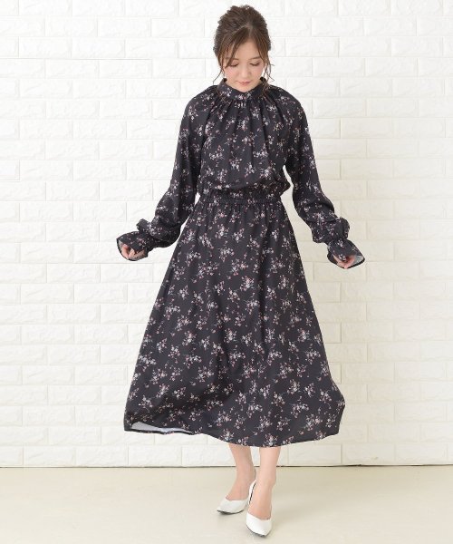 フラワープリント ゆったり ハイネック ロングワンピース レースレディース Lace Ladies Magaseek