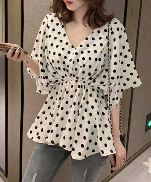 セール ドットブラウス レディース ギャザー チュニック トップス シフォン ペプラム ウエストゴム シャツ 水玉 おしゃれ ミニミニストア Miniministore Magaseek