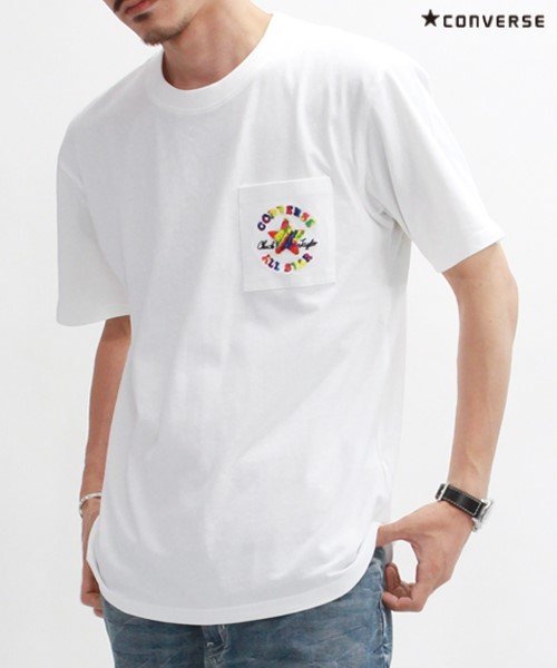 CONVERSE(コンバース)/【ＣＯＮＶＥＲＳＥ】 コンバース ワンポイント ポケット付き 半袖 Tシャツ ユニセックス/ホワイトB
