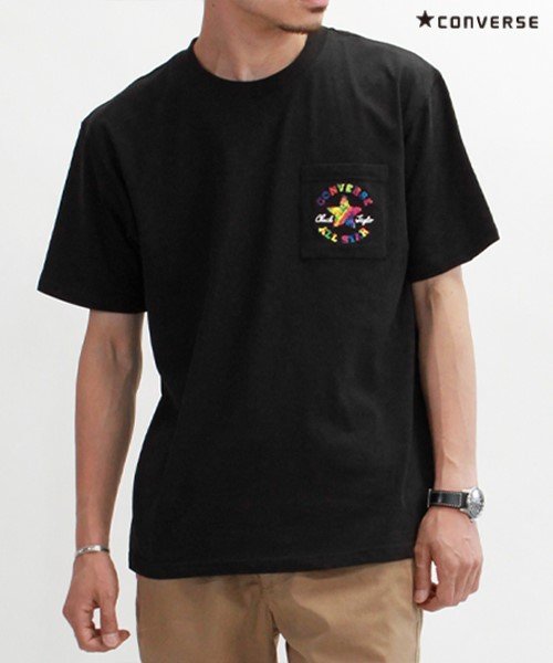 CONVERSE(コンバース)/【ＣＯＮＶＥＲＳＥ】 コンバース ワンポイント ポケット付き 半袖 Tシャツ ユニセックス/ブラックB