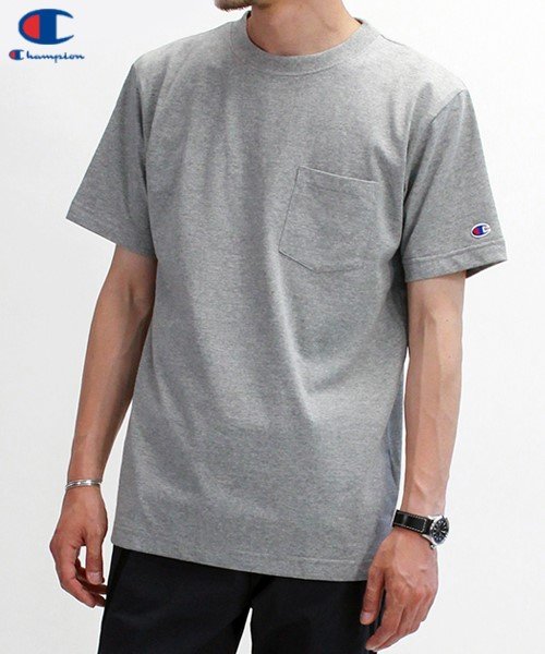 CHAMPION(チャンピオン)/【Ｃhampion】 チャンピオン ポケット付き 無地 半袖　Ｔシャツ ユニセックス/グレイ