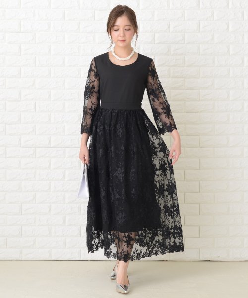 花柄シースルー袖ロングパーティドレス ワンピース レースレディース Lace Ladies Magaseek