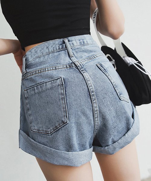 セール デニム ショートパンツ レディース 裾ロールアップ ホットパンツ ウエストゴム カジュアル ジーンズ 美脚ショーパン ゆったり ミニミニストア Miniministore Magaseek