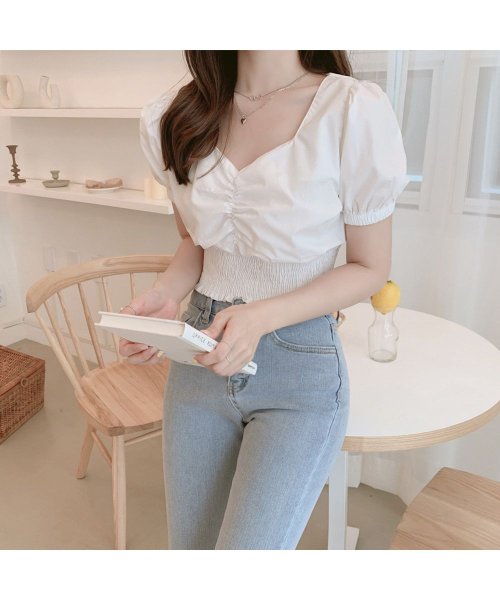 ブラウス レディース パフスリーブ トップス Vネック ブラウス 胸元ギャザー カットソー ハイウエスト ブラウス 半袖 ミニミニストア Miniministore Magaseek