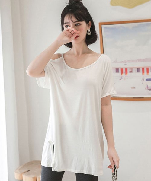 セール 薄手 カットソー レディース 肩だし スリット チェニック 体型カバー オフショルダー Tシャツ オシャレ ミニミニストア Miniministore Magaseek