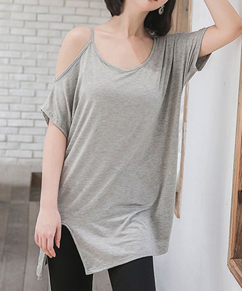 セール 薄手 カットソー レディース 肩だし スリット チェニック 体型カバー オフショルダー Tシャツ オシャレ ミニミニストア Miniministore Magaseek