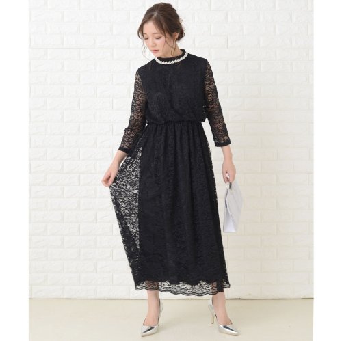 総レース ウエストゴム ハイネックロングワンピース ドレス レースレディース Lace Ladies Magaseek