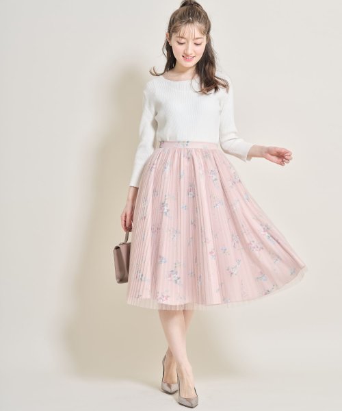 tocco closet(トッコクローゼット)/プリーツチュール重ねフラワープリントスカート/PINKBEIGE