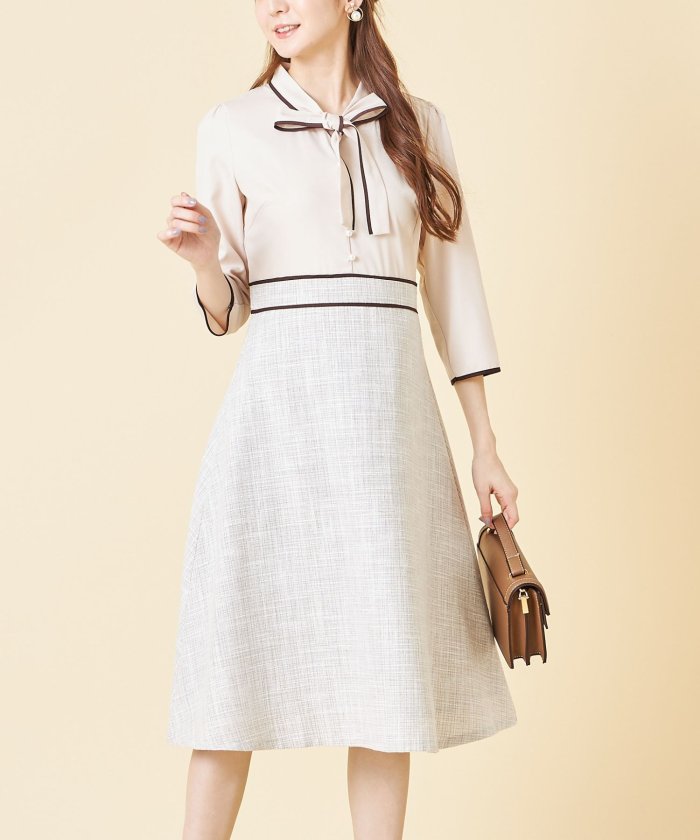 パール付き配色ライン入りボウタイりぼん ツイードドッキングワンピース トッコクローゼット Tocco Closet Magaseek