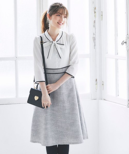 パール付き配色ライン入りボウタイりぼん ツイードドッキングワンピース トッコクローゼット Tocco Closet Magaseek