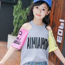 セール 子供服 半袖tシャツ キッズ 女の子 英字柄 ドッキング おしゃれ カジュアル 小学生 オフショルダー トップス 韓国子供服 肩出し 通学着 ミニミニストア Miniministore Magaseek