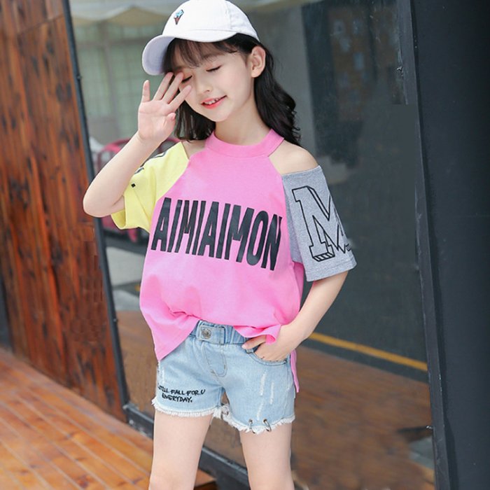 子供服 半袖tシャツ キッズ 女の子 英字柄 ドッキング おしゃれ カジュアル 小学生 オフショルダー トップス 韓国子供服 肩出し 通学着 ミニミニストア Miniministore Magaseek
