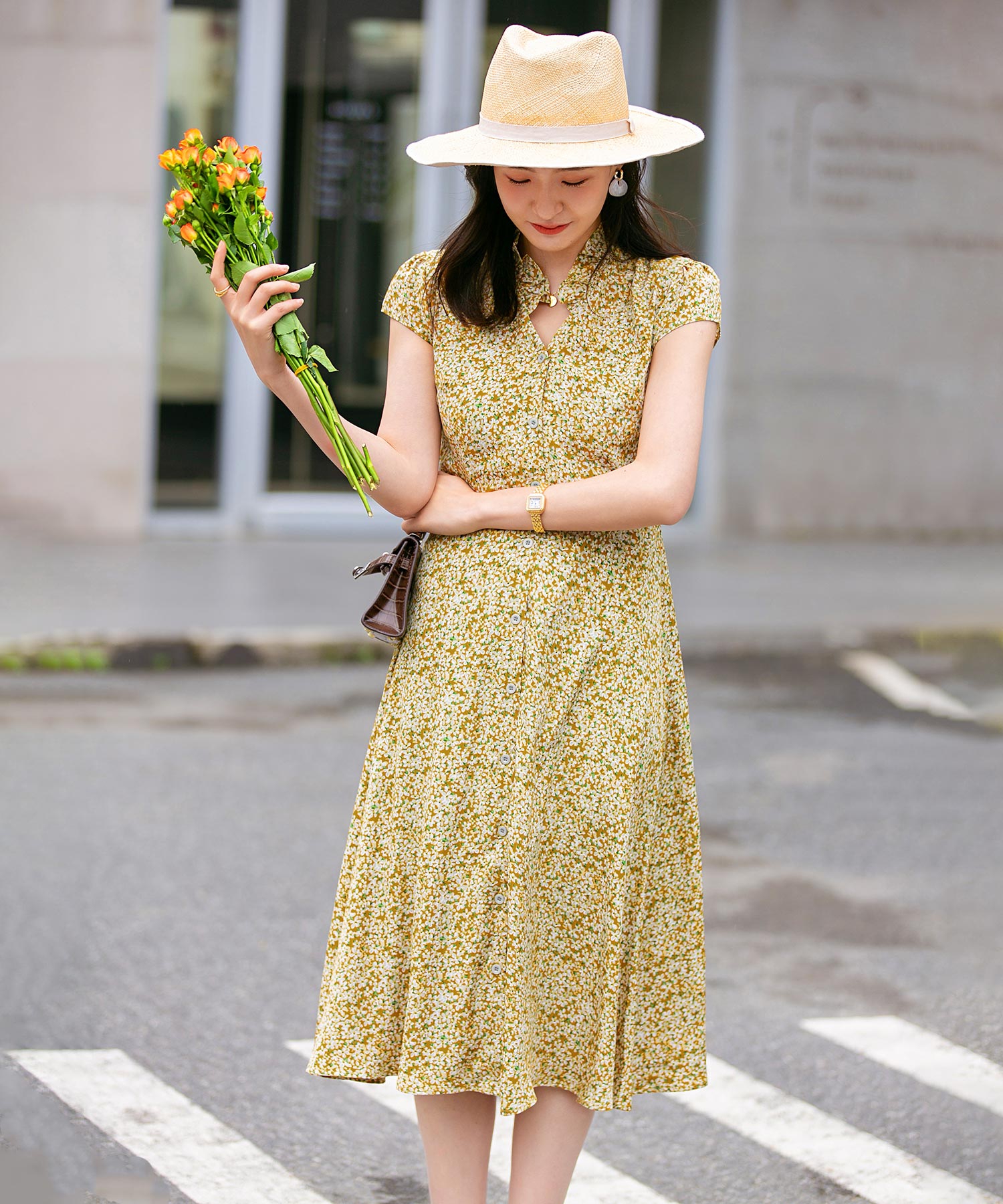 気質アップ マリハ 花柄 フレンチスリーブ ワンピース ロング 茶 ブラウン Hk Os 30 Offアウトレットsale Www Globaldentalcentre Org