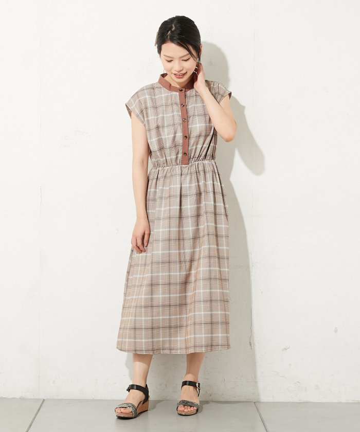 セール チェツクバンドカラーノースリワンピース オリーブデオリーブ Olive Des Olive Magaseek