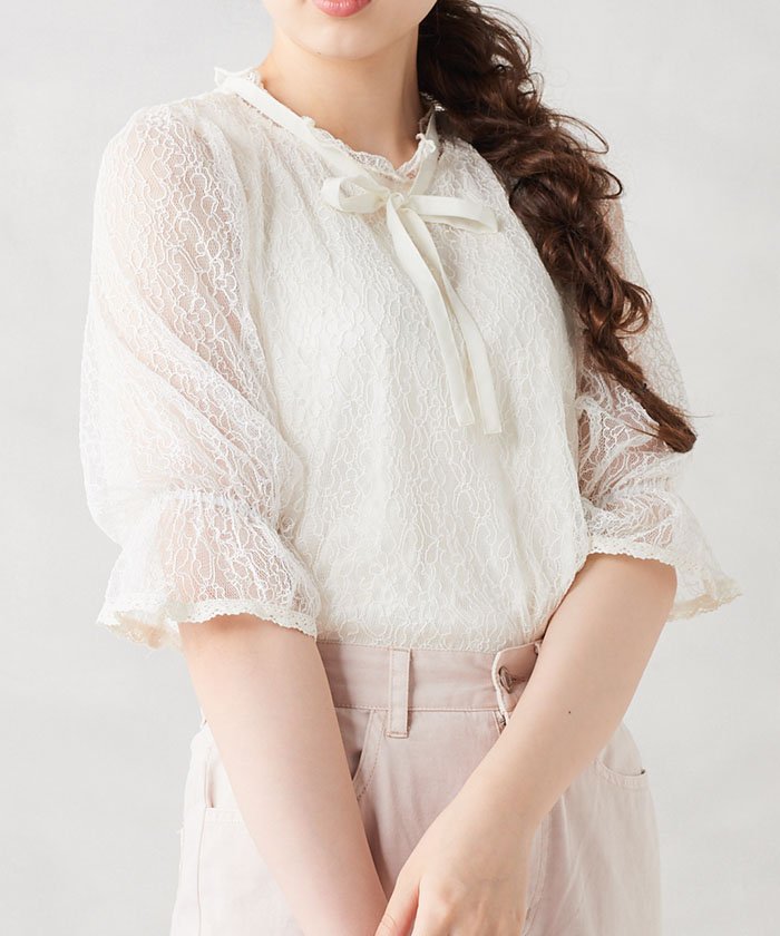 セール リボンタイ付レース半袖ブラウス オリーブデオリーブ Olive Des Olive Magaseek