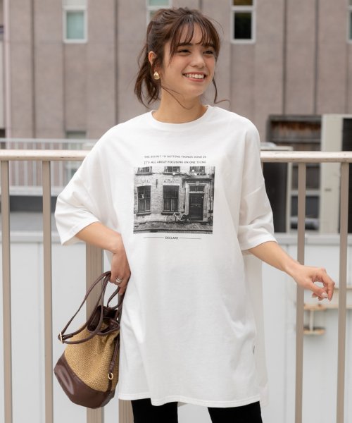 セール フロントプリントビッグtシャツ フォトプリント モノクロ サイドスリット クルーネック 7分袖 後さがり オーバーサイズ トップス Tシャツ レディース 秋 アドティエ Ad Thie Magaseek