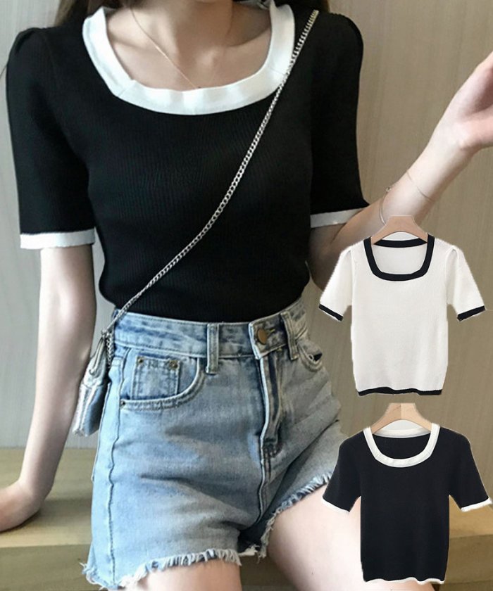 セール サマーニットトップス Uネックtシャツ レディース きれいめ ショート丈トップス ニットソー 半袖tシャツ 可愛い ショッピングゴー Shoppinggo Magaseek