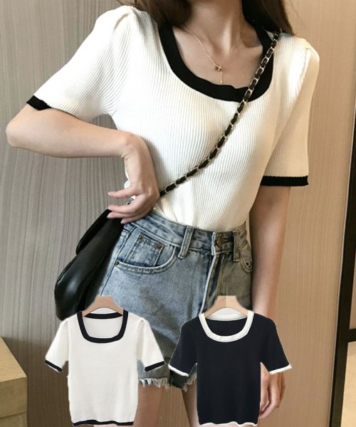 サマーニットトップス Uネックtシャツ レディース きれいめ ショート丈トップス ニットソー 半袖tシャツ 可愛い ショッピングゴー Shoppinggo Magaseek