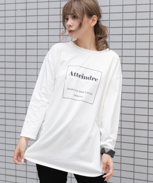 セール 裾ラウンドプリントロングtシャツ ラウンド Tシャツ ロゴ ロンt 秋冬 新作 カットソー プリント ロング レディース 裾ラウンド アドティエ Ad Thie Magaseek