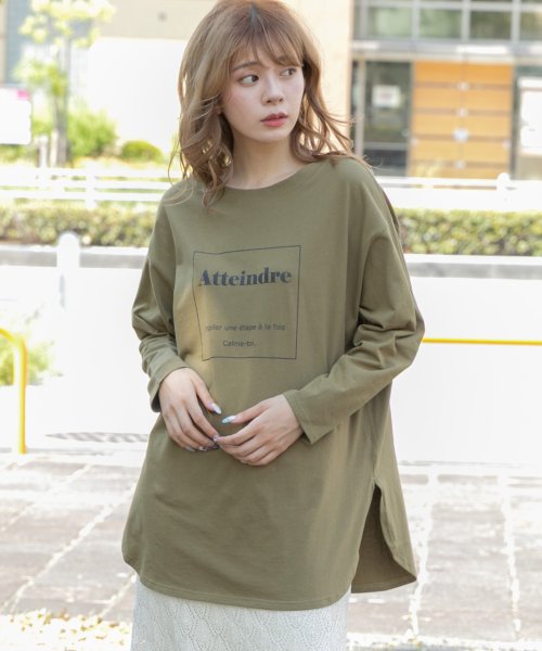 セール 裾ラウンドプリントロングtシャツ ラウンド Tシャツ ロゴ ロンt 秋冬 新作 カットソー プリント ロング レディース 裾ラウンド アドティエ Ad Thie Magaseek