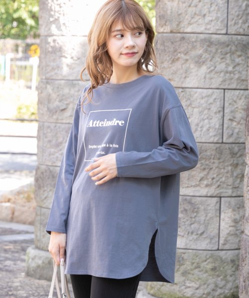 セール 裾ラウンドプリントロングtシャツ ラウンド Tシャツ ロゴ ロンt 秋冬 新作 カットソー プリント ロング レディース 裾ラウンド アドティエ Ad Thie Magaseek