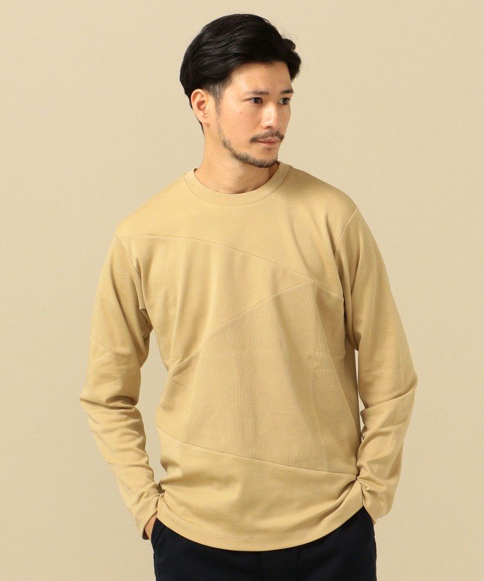 55%OFF！＜マガシーク＞ シップス SC: ワッフル/スムース 異素材切り替え ロングスリーブ Tシャツ (ロンT) メンズ ベージュ SMALL SHIPS】 セール開催中】