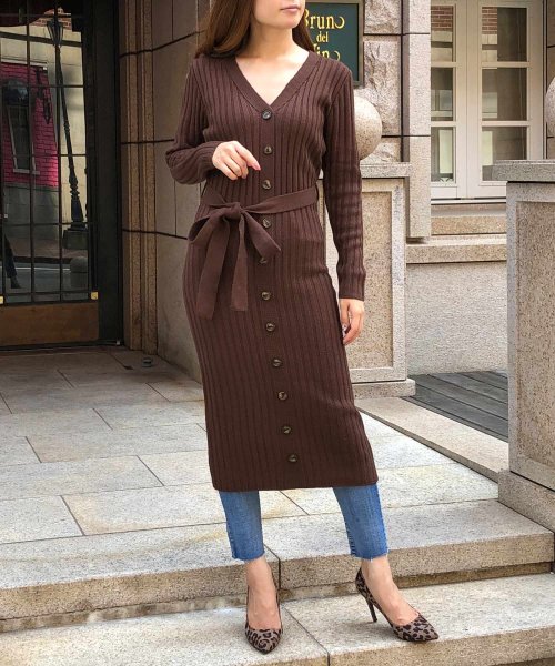 セール フロントボタンリブニットワンピース レディース ワンピース タイト ニット ロング マキシ 膝下 リボン ベルト 長袖 ウエストマーク 新色 追加 ジュリアブティック Julia Boutique Magaseek