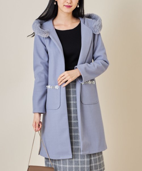 tocco closet(トッコクローゼット)/フードファー付きポケットビジュー装飾コーディガン/GRAYSH BLUE