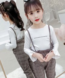 miniministore(ミニミニストア)/セットアップ 子供服 キッズ 女の子 トップス ズボン 長袖 長ズボン ワイドパンツ チェック柄 ブラウン 2点セット/ホワイト