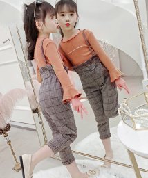 miniministore(ミニミニストア)/セットアップ 子供服 キッズ 女の子 トップス ズボン 長袖 長ズボン ワイドパンツ チェック柄 ブラウン 2点セット/キャメル