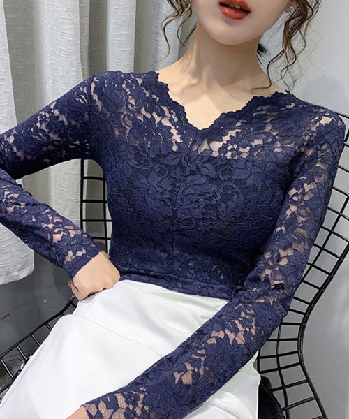 セール 花柄 総レース ブラウス レディース Vネック 長袖 カットソー 着やせ フラワーレース シャツブラウス 透け感 きれいめ ミニミニストア Miniministore Magaseek